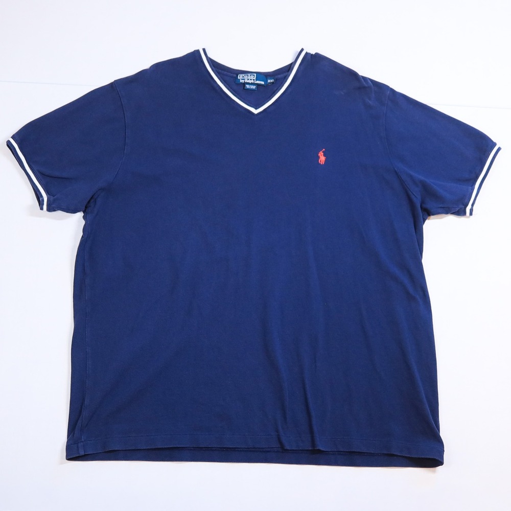Polo Ralph Lauren V-Neck T-Shirt Mens XXL Navy Tipped Pique Cotton Pony Vintage